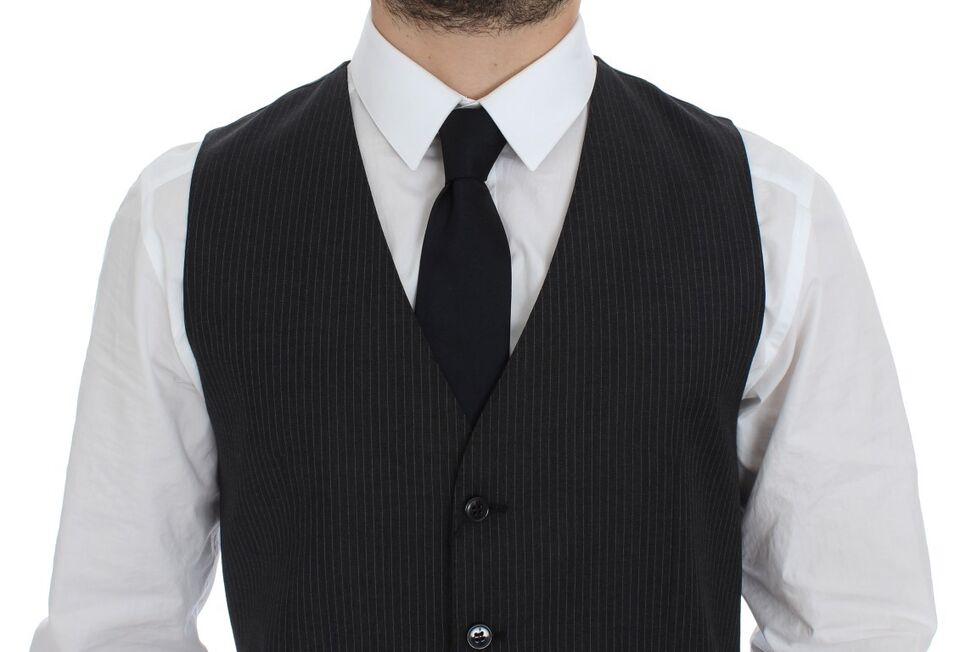 Gray Striped Wool Single Breasted Vest