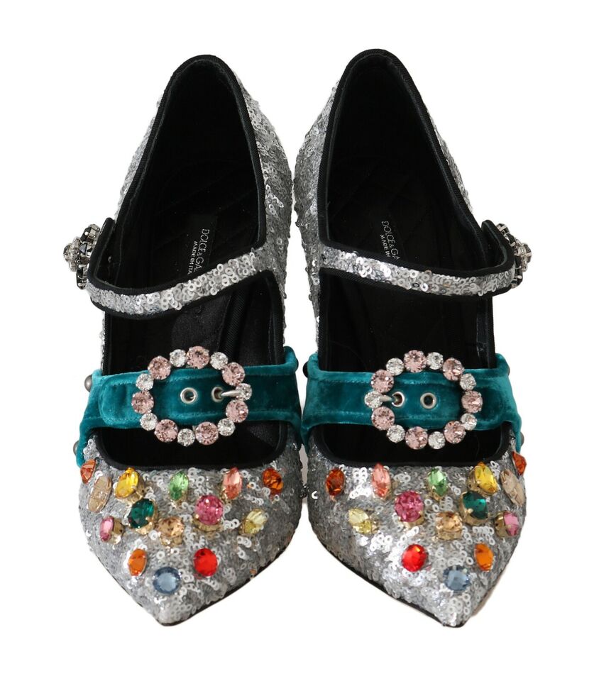 Silver Sequined Crystal Mary Janes Pumps