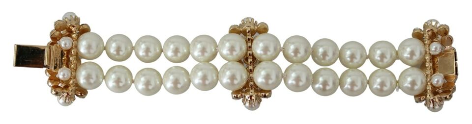 White Faux Pearl Beads Translucent Crystals Bracelet