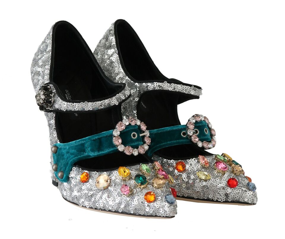 Silver Sequined Crystal Mary Janes Pumps