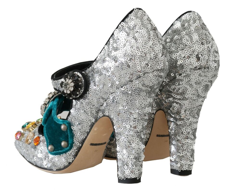 Silver Sequined Crystal Mary Janes Pumps