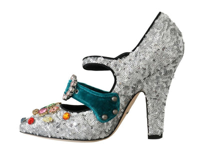 Silver Sequined Crystal Mary Janes Pumps