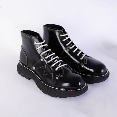 White Laces Black Leather Ankle Boots