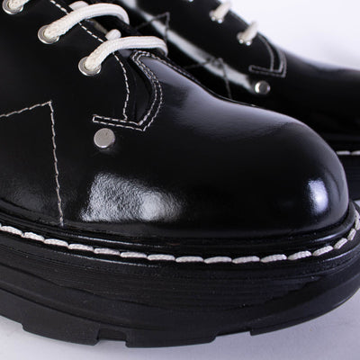 White Laces Black Leather Ankle Boots