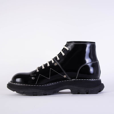 White Laces Black Leather Ankle Boots