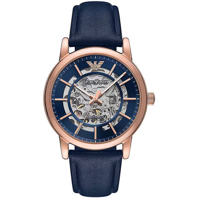 Navy Blue Leather and Steel Automatic Watch