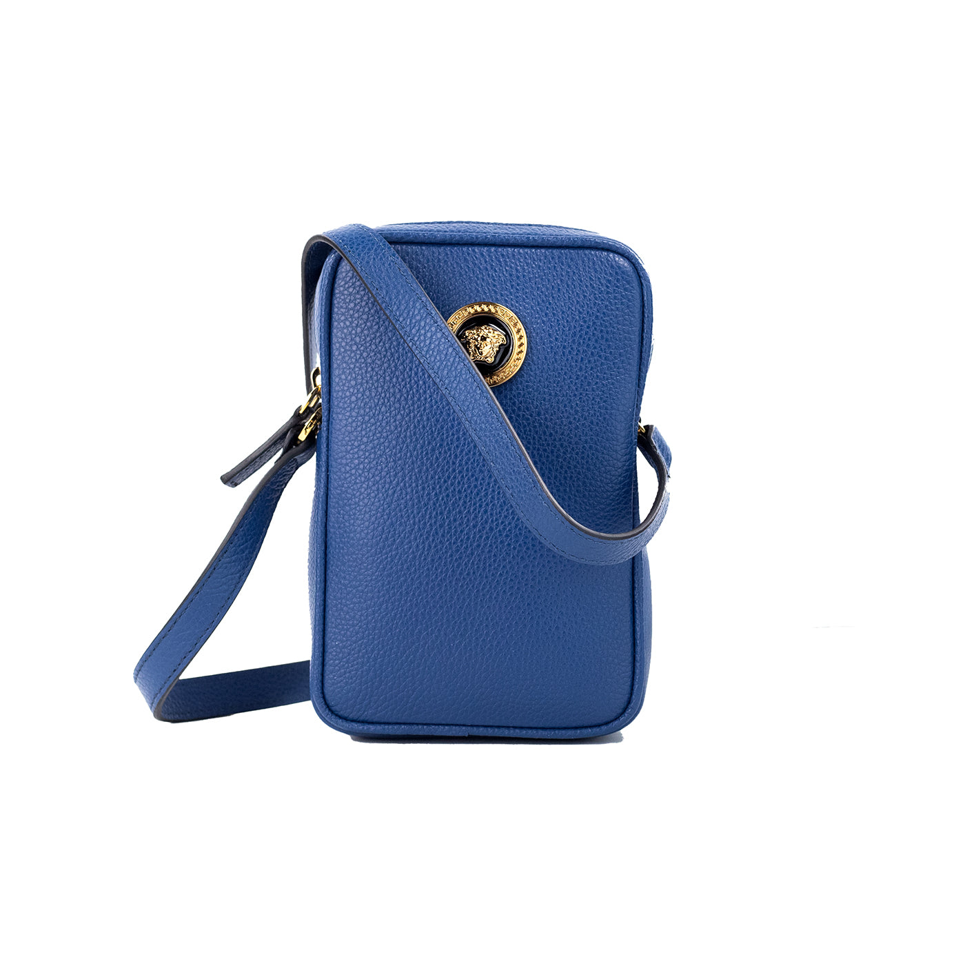 Mini Navy Blue Grainy Leather Medusa Pendant Crossbody Bag