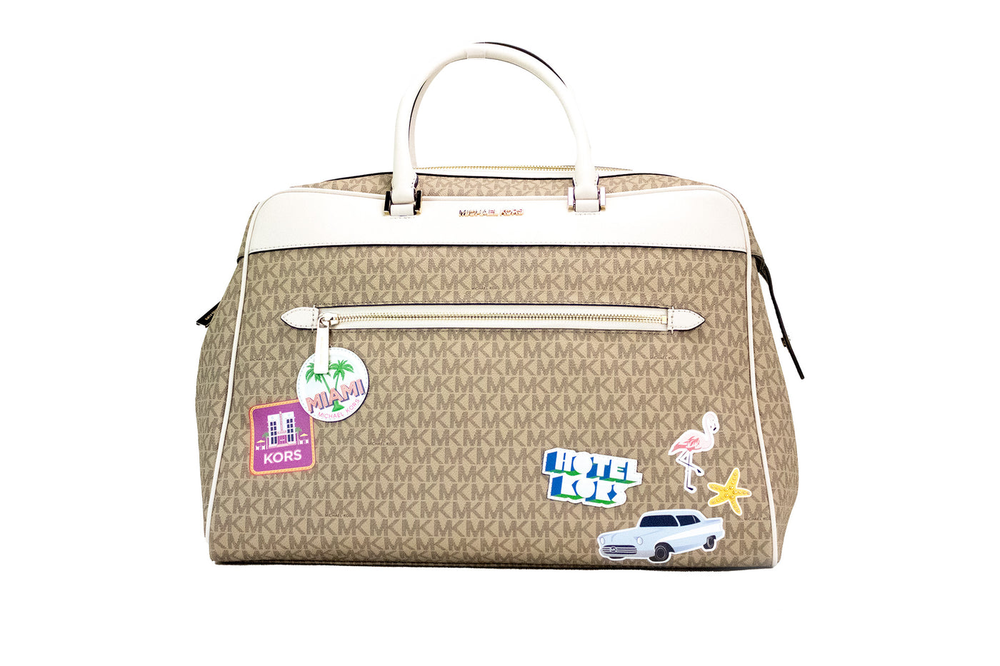 Travel Large Light Cream PVC Patches Top Zip Weekender Duffle Bag